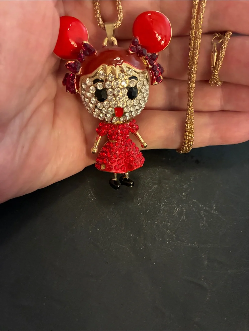 Doll Red Crystal Pendant. Her head turns, dress moves and feet move NWOT